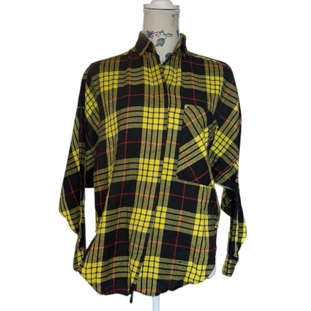 At Last! Yellow Black Red Plaid Flannel Shirt Men’s Size M‎ 100% Cotton Grunge